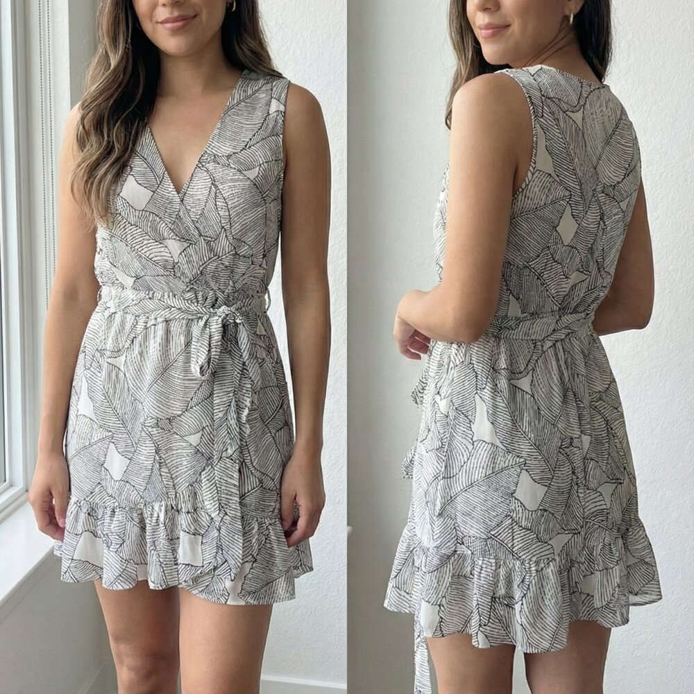 White & Black Botanical Leaf Print Wrap Dress with Ruffle Hem & Tie Waist